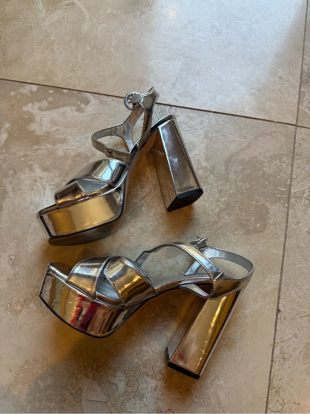 Nine West Silver Metallic Platform Block Heel Sandals